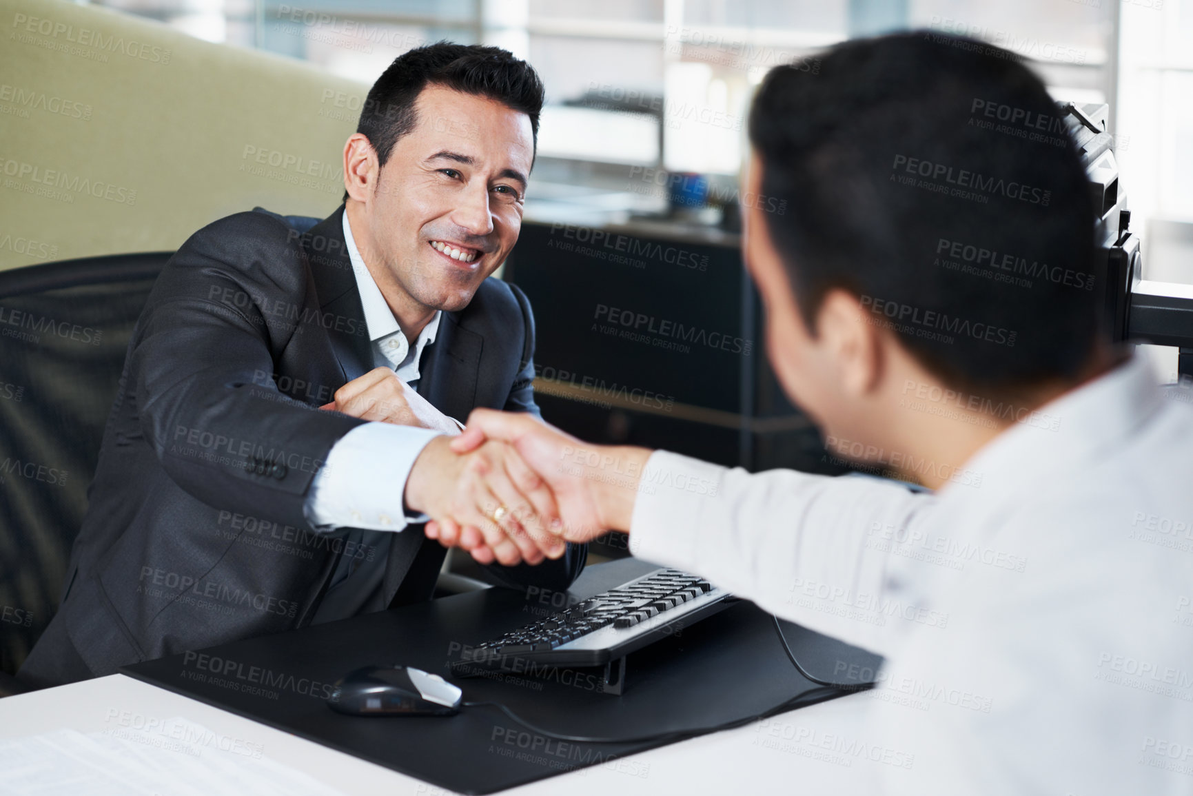 Buy stock photo Shaking hands, business people and agreement in office for welcome, hiring or collaboration with smile. Handshake, men and team with introduction, recruitment and happy with onboarding or meeting 