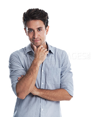 Buy stock photo Handsome man standing thinking against a white background