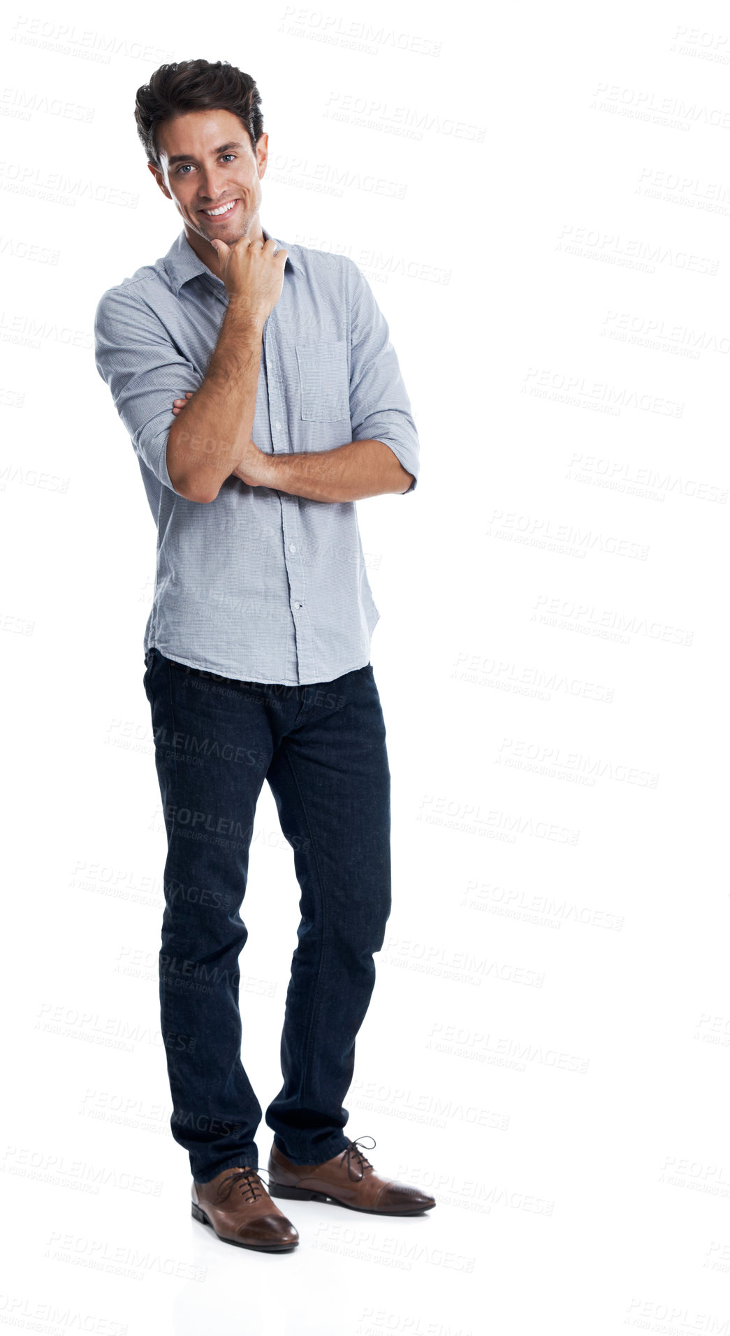 Buy stock photo Happy, thinking and portrait of business man in studio for marketing advisor, pride and about us. Space, branding manager and career growth with person on white background for opportunity and vision