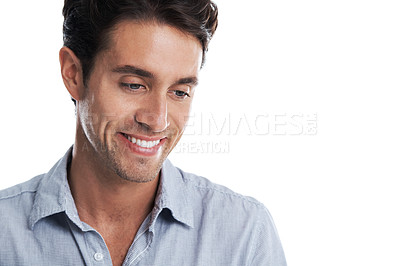 Buy stock photo Portrait of smiling male looking down with copyspace