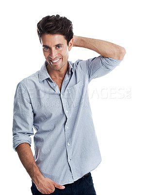 Buy stock photo Portrait of a handsome man putting his hand in his hair - Isolated image