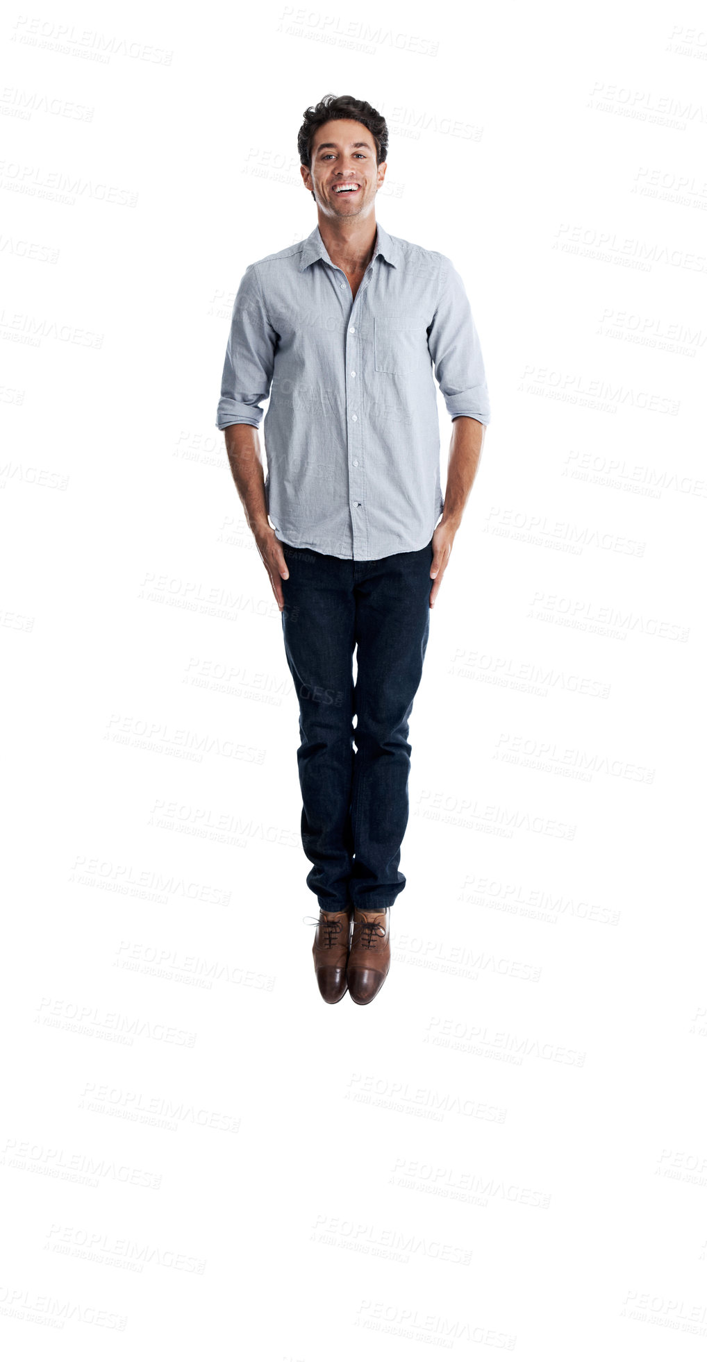 Buy stock photo Smile, jumping and portrait of business man in studio for startup, confidence and marketing advisor. About us, branding developer and career growth with person on white background for space and pride