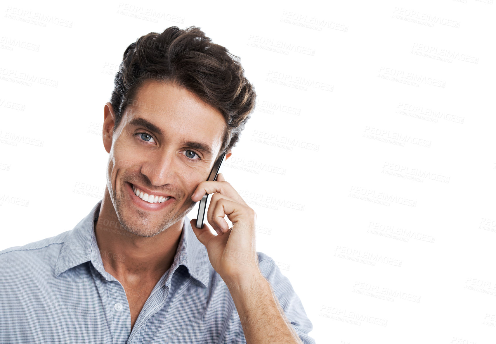 Buy stock photo Phone call, smile and portrait with business man in studio for negotiation, communication or broker feedback. Contact, virtual financial advisor and about us with person on white background for space