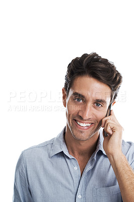 Buy stock photo Cropped shot of a handsome man using his mobile while isolated on a white background