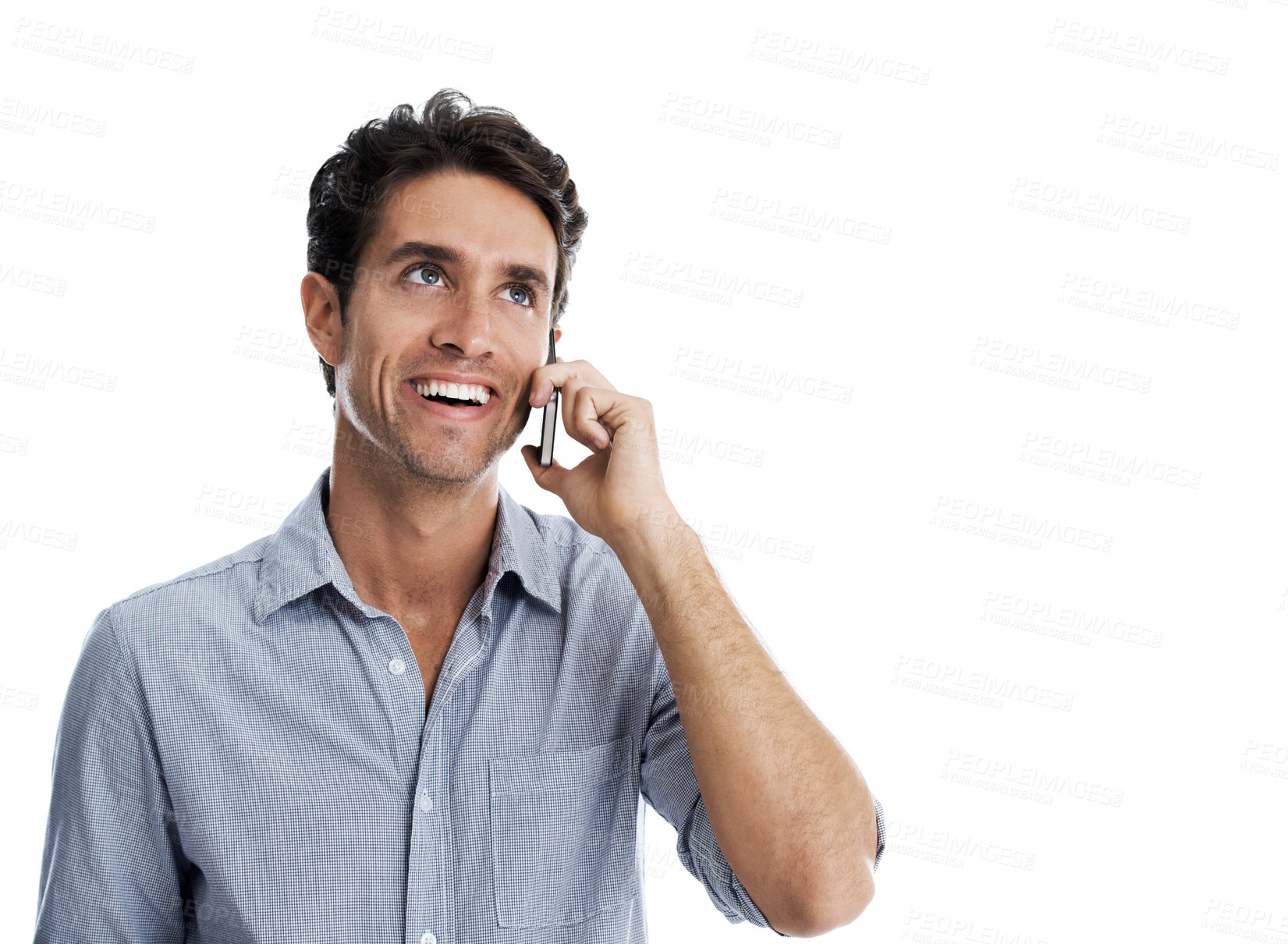 Buy stock photo Creative, man and happy with phone call in studio for source interview, verify facts or story info. Space, content writer or mobile chat on white background for news update, credibility and feedback