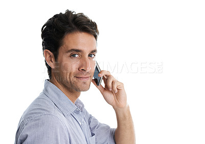 Buy stock photo Cropped shot of a handsome man using his mobile while isolated on a white background