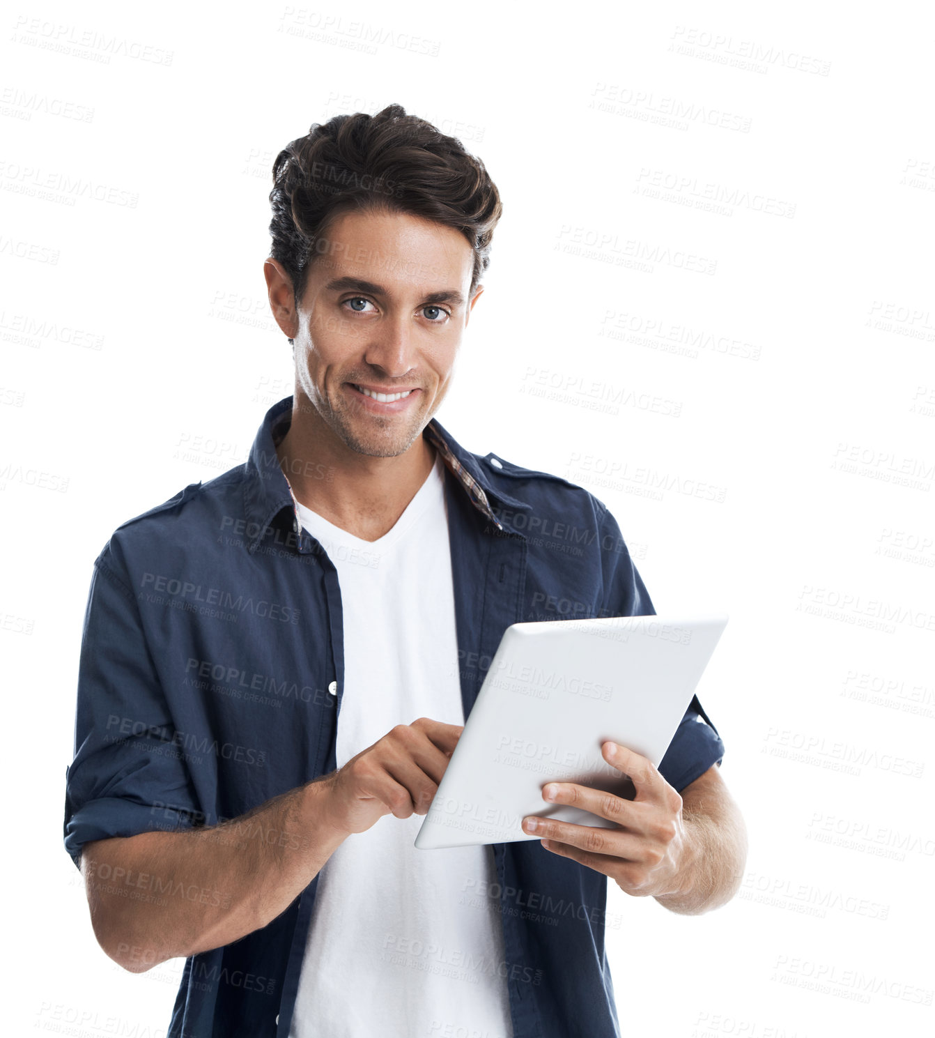 Buy stock photo Business, man and portrait on tablet in studio for news production, creative experience and space. Happy, editor and tech on white background for blog approval, publishing industry and fact checking