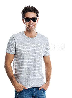 Buy stock photo Handsome young guy wearing trendy shades while smiling - isolated on white