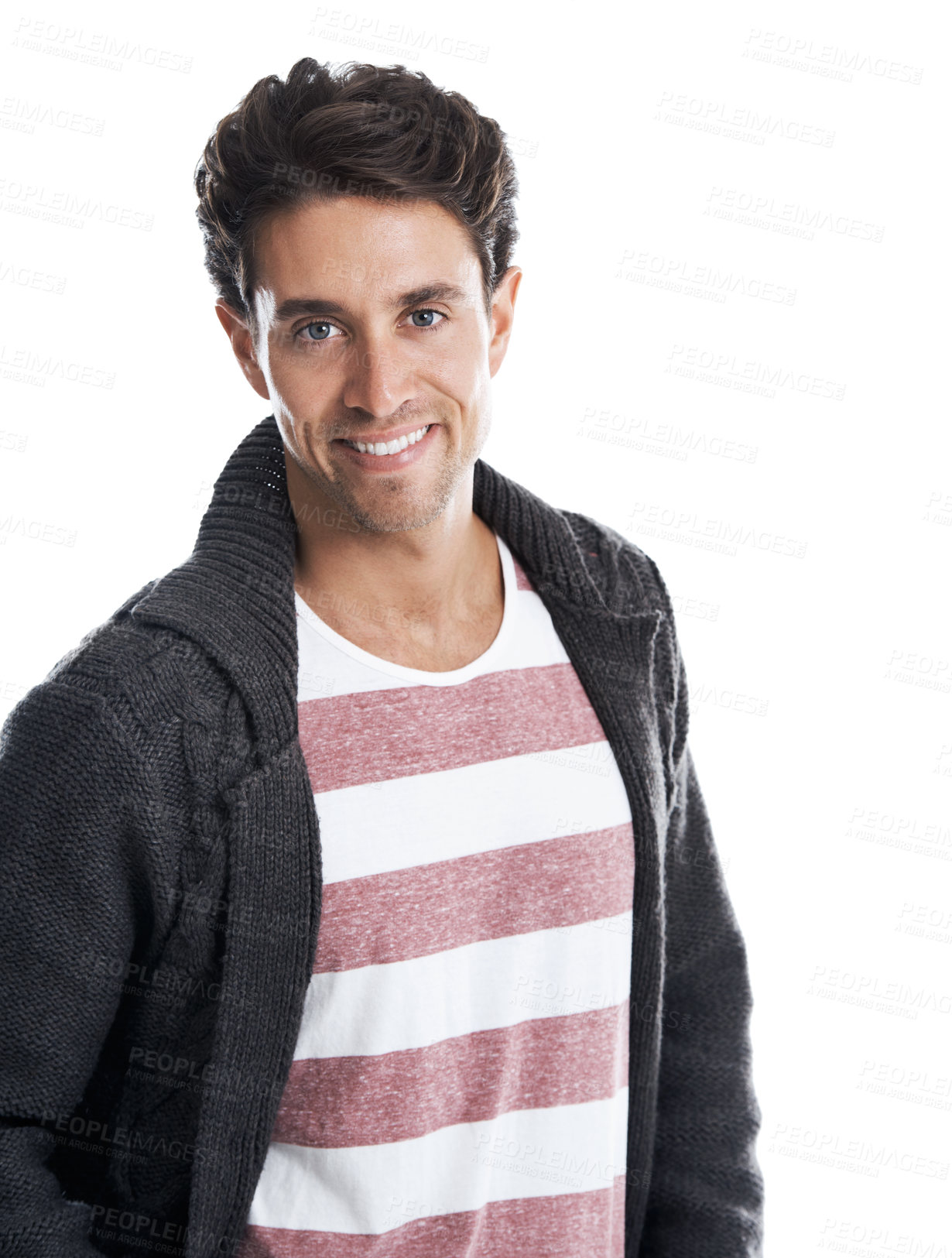 Buy stock photo Confidence, style and portrait of man in studio for casual fashion smile and happy with outfit. Pride, trendy fashionista and cool clothes with person on white background for aesthetic and apparel