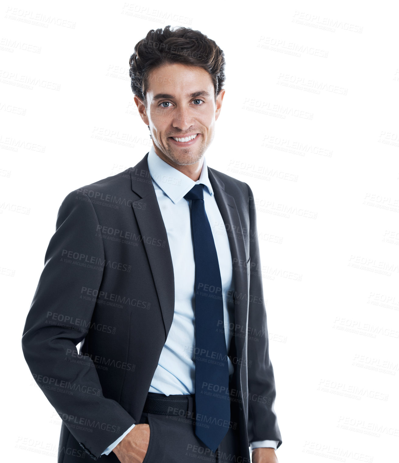 Buy stock photo Professional, portrait and smile with business man in studio as investment banker, pride and about us. Portfolio manager, corporate and career with person on white background for account advisor