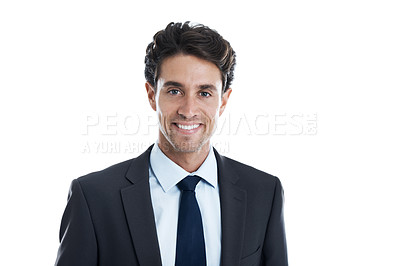 Buy stock photo Smiling young businessman isolated on a white background - cropped