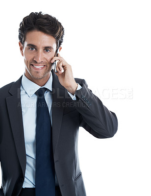 Buy stock photo Smiling young businessman on his cellphone while isolated on white
