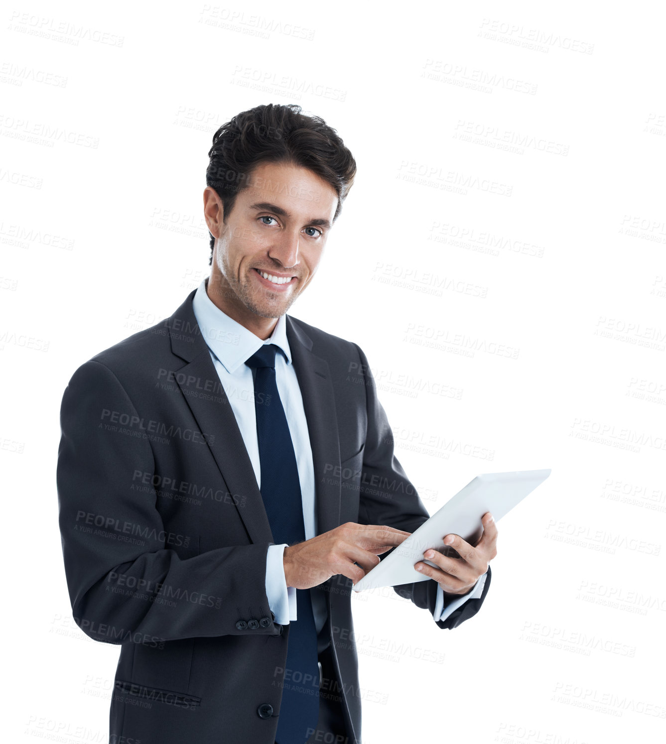 Buy stock photo Portrait, tablet and happy with business man in studio for trader app, pride or stock broker. Investment banker report, financial advisor and online account with person and tech on white background