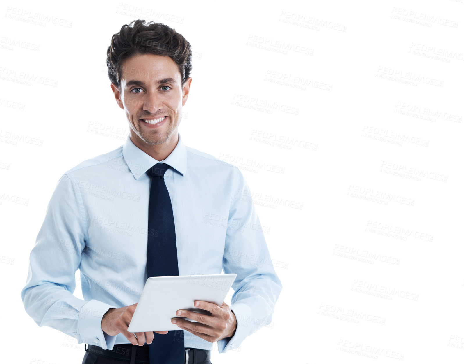Buy stock photo Portrait, tablet and confidence with business man in studio for trader app, space or stock broker. Investment banker report, research and online account with happy person and tech on white background