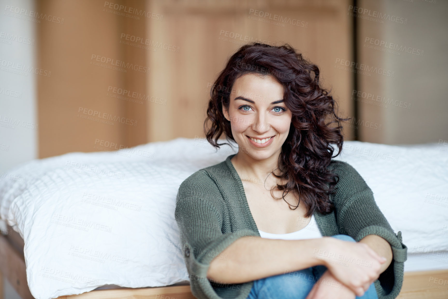 Buy stock photo Smile, wellness and portrait of woman in bedroom for peace, confidence and relax. Happiness, positive attitude and weekend break with female person in home for calm, satisfaction or rest on day off