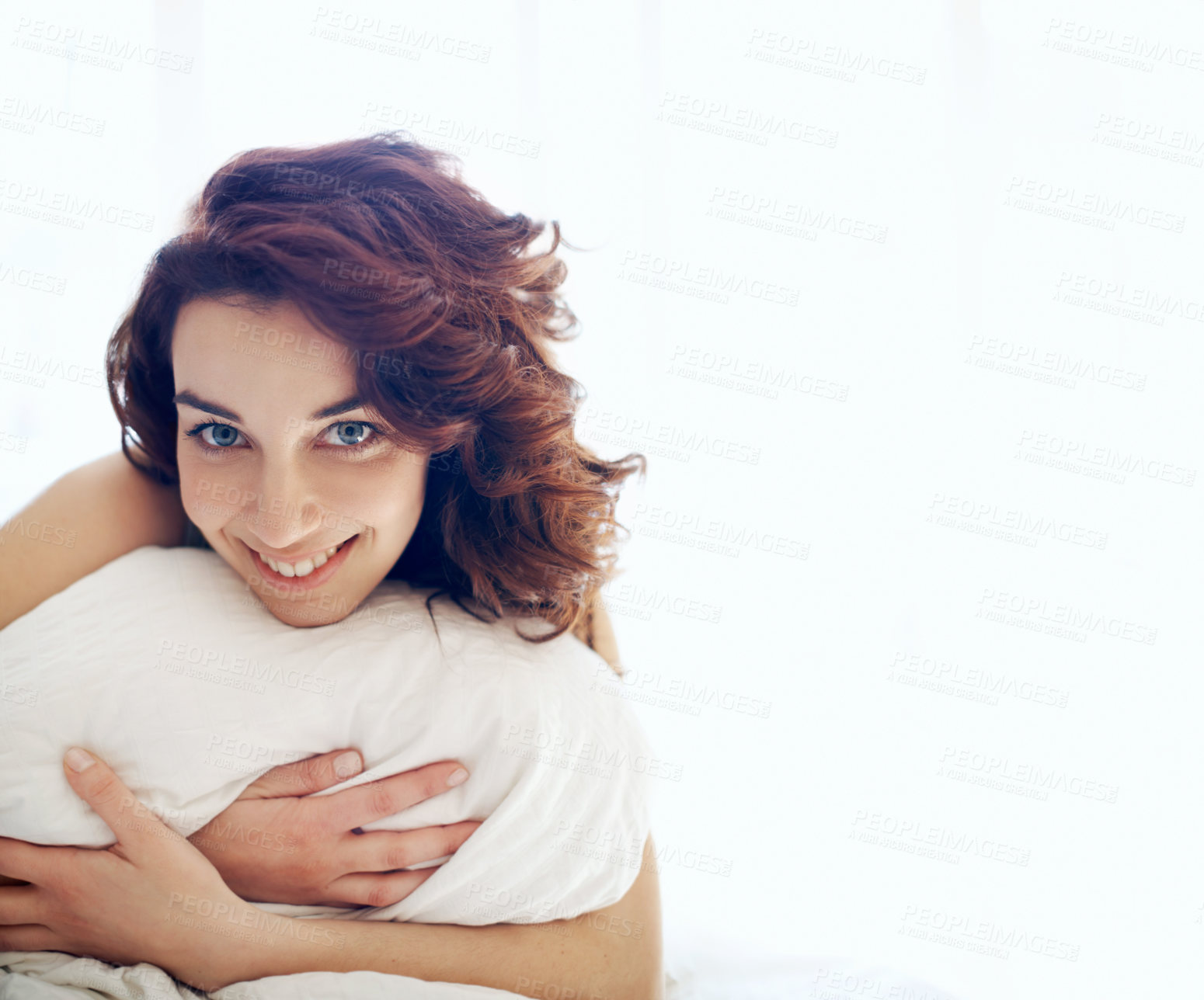 Buy stock photo Smile, relax and portrait with woman in bedroom for wake up, confidence and sleep satisfaction. Happy, morning and peace with female person in bed in home for weekend break, chill and calm space