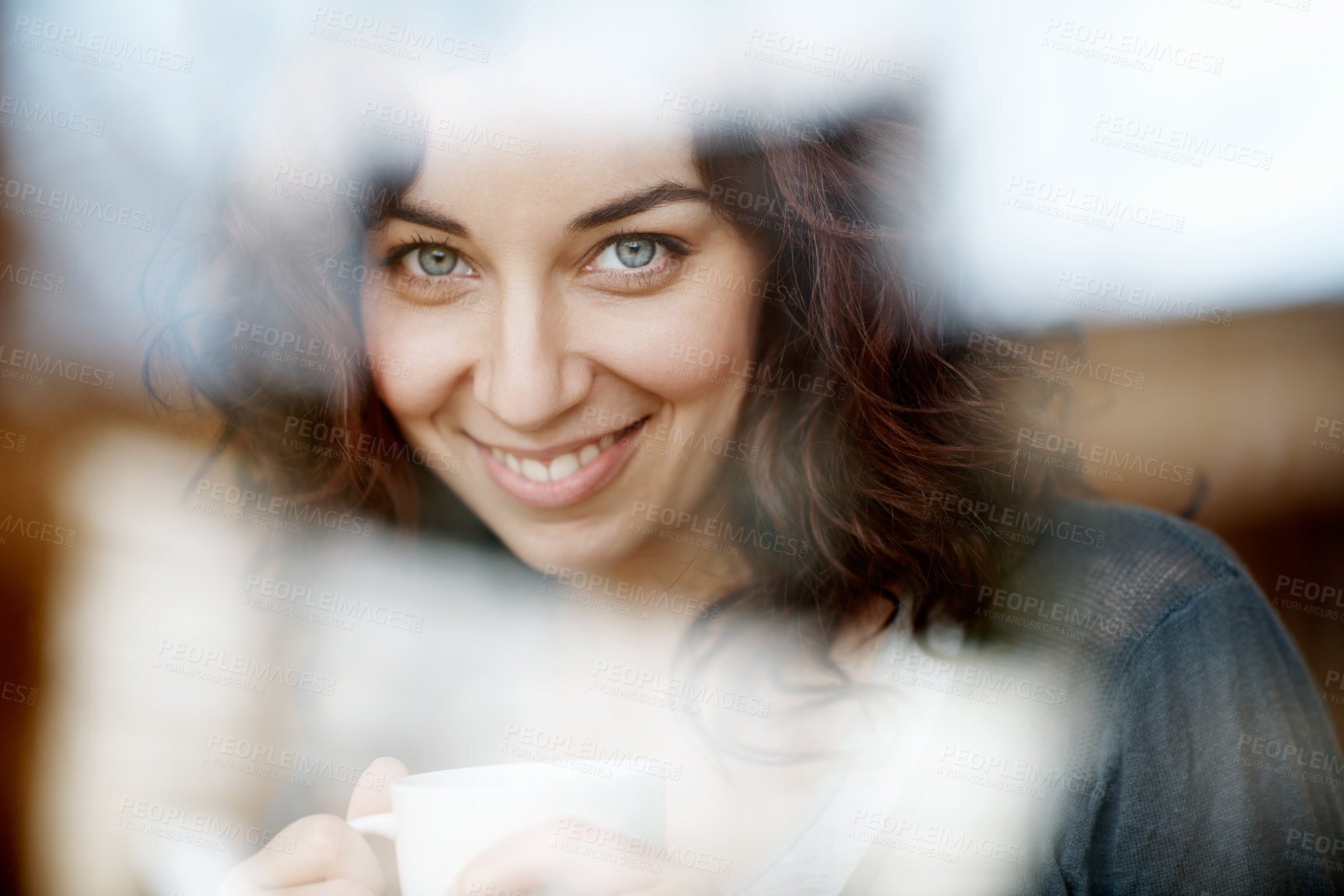 Buy stock photo Window, coffee and happy with portrait of woman in home for calm, morning and weekend break. Peace, satisfaction and cappuccino with person and cup in living room in house for drink and wellness