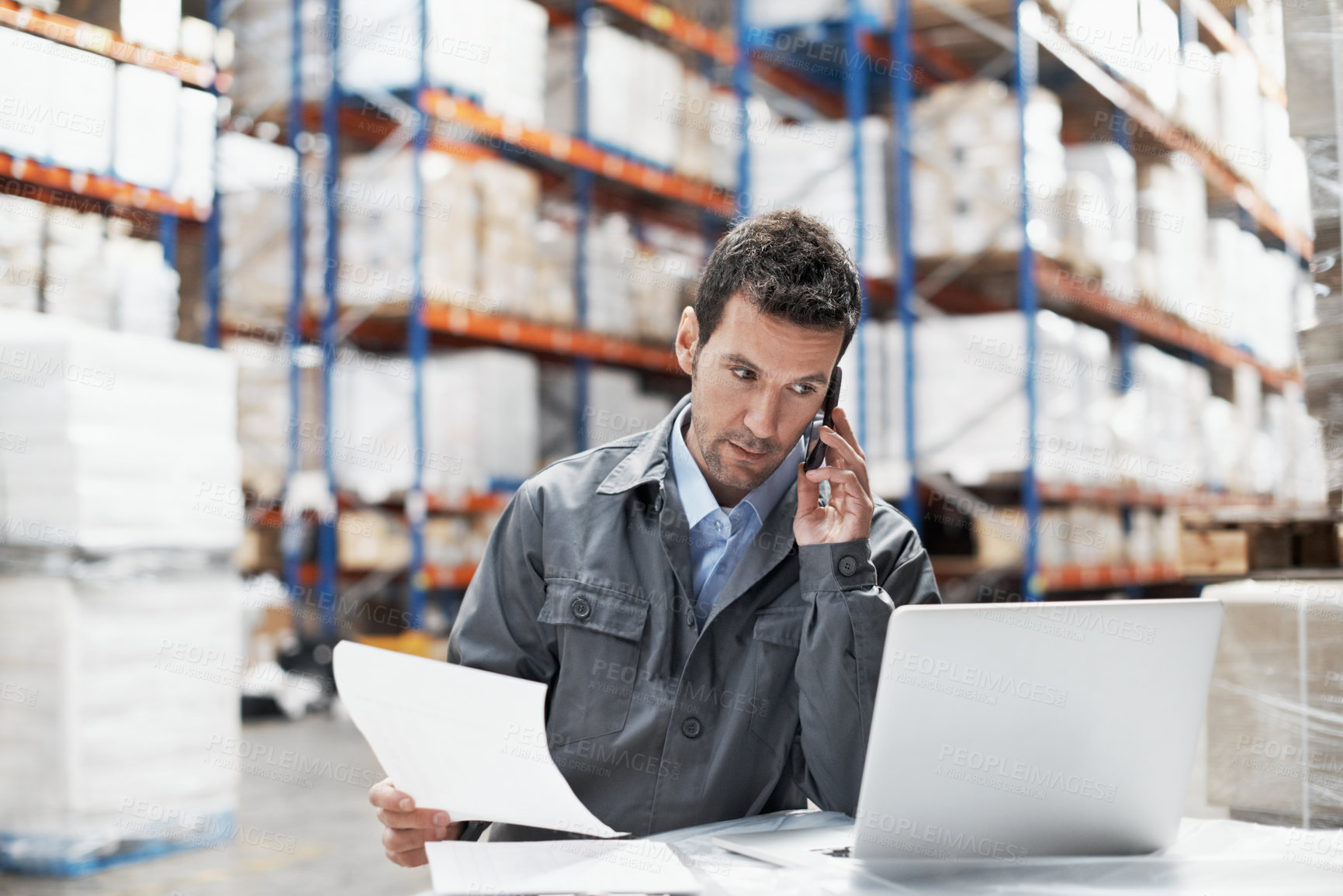 Buy stock photo Paperwork, laptop or man with phone call in logistics for shipment handling, route enquiry or export. Documents, dispatcher and mobile contact to confirm cargo schedule, shipping status and feedback