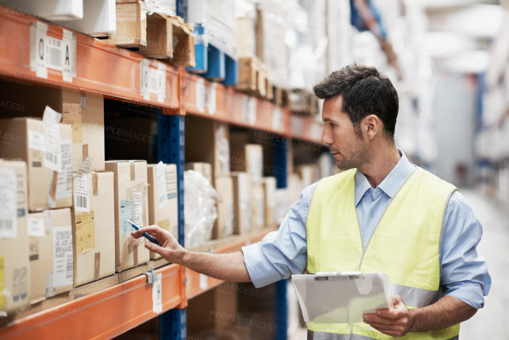 Buy stock photo Clipboard, man and logistics inventory in warehouse for quality control, shipping info or inspection. Supply chain, boxes and worker with checklist for package details, cycle counting or distribution