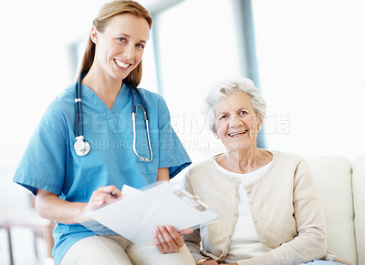 Buy stock photo Portrait, nurse and old woman in consultation with clipboard, checkup and smile for medical support. Happy, healthcare worker and senior person in clinic with health insurance, checklist and survey.