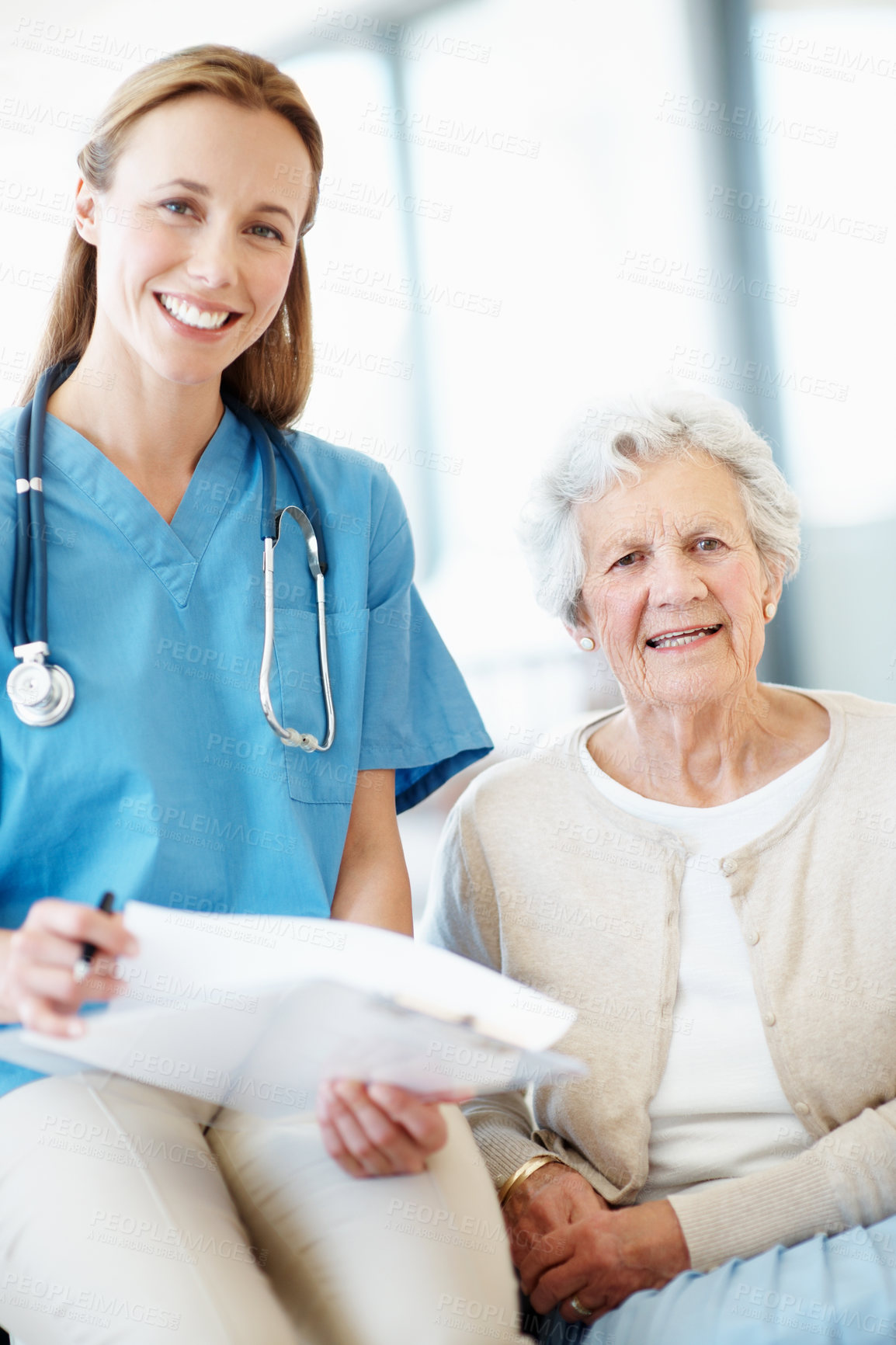Buy stock photo Nurse, notes or senior woman in nursing home for support, care or healthcare with clipboard. Caregiver, retirement or elderly resident in portrait with medical history or happy for health improvement