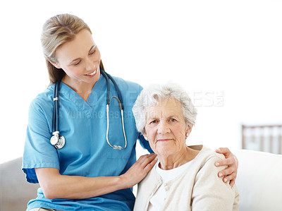 Buy stock photo Nurse, support and senior woman in nursing home with portrait, healthcare and care in assisted living. Caregiver, smile and elderly resident in retirement center for wellness, service and hug on sofa