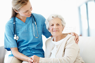 Buy stock photo Nurse, support and holding hands with elderly woman, checkup and appointment for medical assistance. Portrait, healthcare worker and senior person in nursing home with kindness, help or consultation.