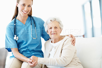 Buy stock photo Portrait, caregiver or old woman with holding hands, kindness or bonding together in nursing home. Trust, nurse or senior person with help, medical assistance or patient support in retirement care.