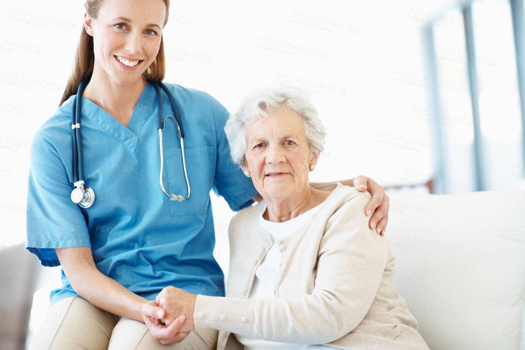 Buy stock photo Portrait, caregiver or old woman with holding hands, kindness or bonding together in nursing home. Trust, nurse or senior person with help, medical assistance or patient support in retirement care.