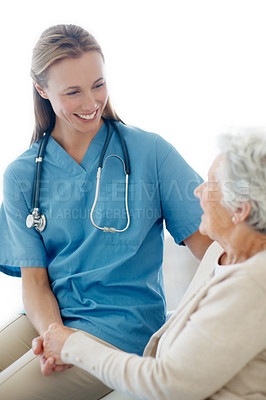 Buy stock photo Caregiver, holding hands and old woman in nursing home, healthcare or discussion with senior patient. Assisted living, retirement and happy nurse with elderly person, support and health services