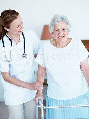 Buy stock photo Support, walker and caregiver with senior patient for help, balance and portrait in assisted living. Nurse, walking frame and person with disability in retirement, wellness and happy for mobility aid