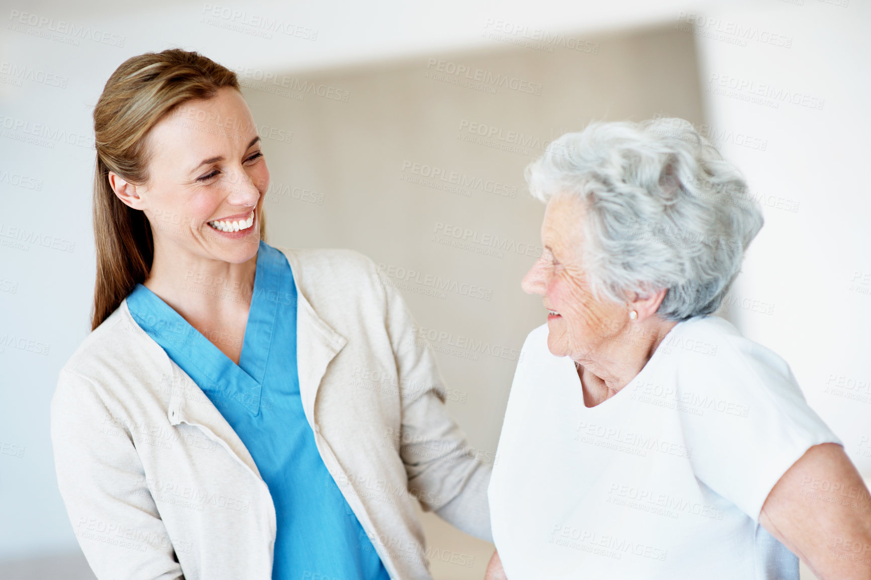 Buy stock photo Happy, homecare and nurse with senior woman for medical checkup, advice or rehabilitation with help. Support, healthcare and caregiver with elderly female patient in retirement with assistance.