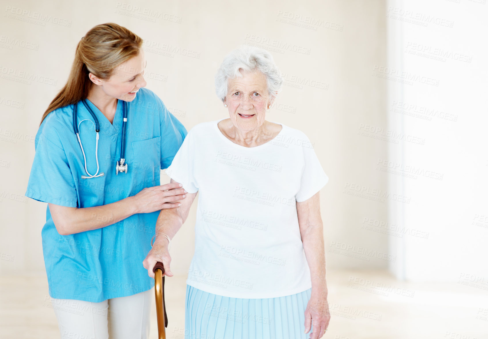 Buy stock photo Nurse, cane and support with old woman in home, assisted living and portrait for healthcare. Walking stick, caregiver and senior person with disability, medical help or smile for homecare with space