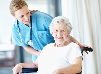 Buy stock photo Nurse, care and old woman on wheelchair in home, smile and assisted living for healthcare. Trust, caregiver and senior person with disability, medical support and portrait with retirement homecare