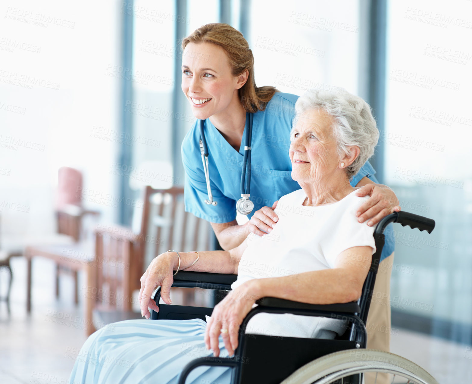 Buy stock photo Nursing home, support and senior woman on wheelchair, assisted living and retirement healthcare. Thinking, caregiver and elderly person with disability, medical help or smile for wellness recovery