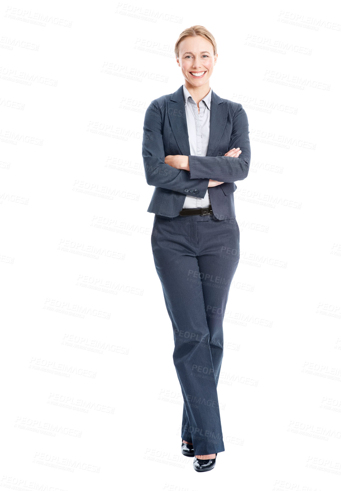 Buy stock photo Fashion, portrait and businessperson with arms crossed, workwear or pride in professional outfit. Happy, suit or employee with confidence, corporate style or formal attire on studio background.