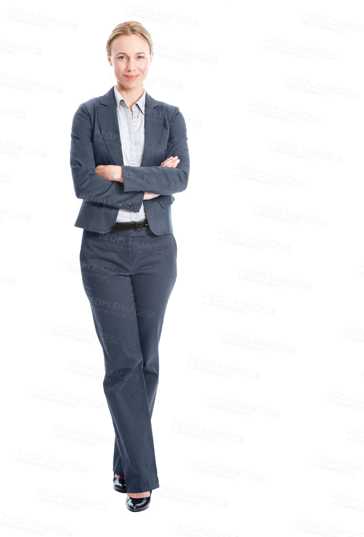 Buy stock photo Style, portrait and businesswoman with arms crossed, workwear or pride in professional outfit. Smile, space or employee with confidence, corporate fashion or formal attire on studio background.