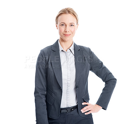Buy stock photo Smile, corporate and portrait of business woman in studio for about us, real estate consultant and pride. Confidence, property advisor and realtor agent with person on white background for space