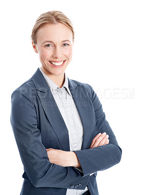 Buy stock photo Business, portrait or woman with arms crossed, legal consultant or pride as attorney. Corporate, space or lawyer on studio background with confidence, governance or about us in justice system.