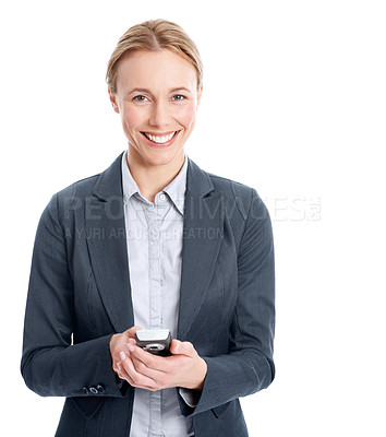 Buy stock photo Portrait, businesswoman and smile in studio with phone, email notification and company communication. Corporate, person and employee browse with tech, text message or social media on white background