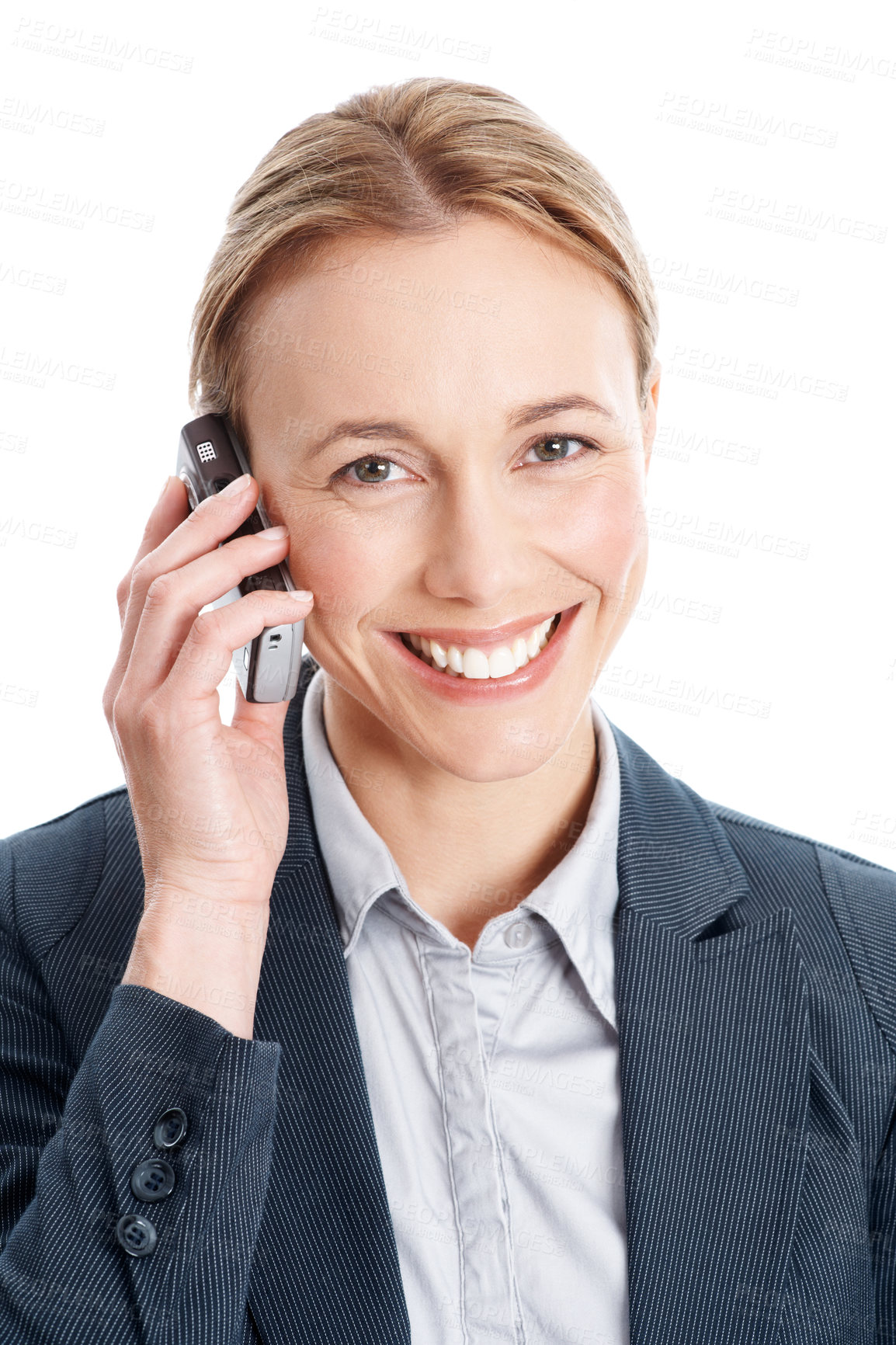Buy stock photo Portrait, businesswoman and listen in studio with phone call, smile or update for litigation process. Happy, person and attorney with contact, tech or hearing court case feedback on white background.