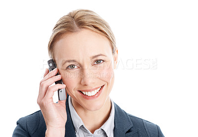 Buy stock photo Portrait, woman and phone call in studio with business, smile and listen for financial consulting. Happy, person and finance advisor with contact, tech or feedback for accounting on white background.