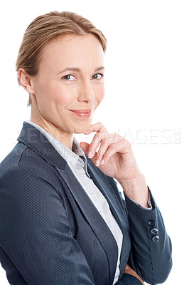 Buy stock photo Business, woman and confident portrait in studio for corporate banking, job integrity and about us. Expertise, compliance officer and happy on white background for finance career, mitigation or trust