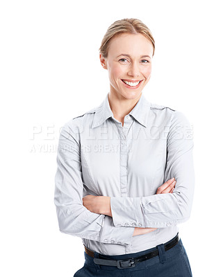 Buy stock photo Pride, arms crossed and portrait of business woman in studio for about us, real estate consultant and smile. Confidence, property advisor and realtor agent with person on white background for space
