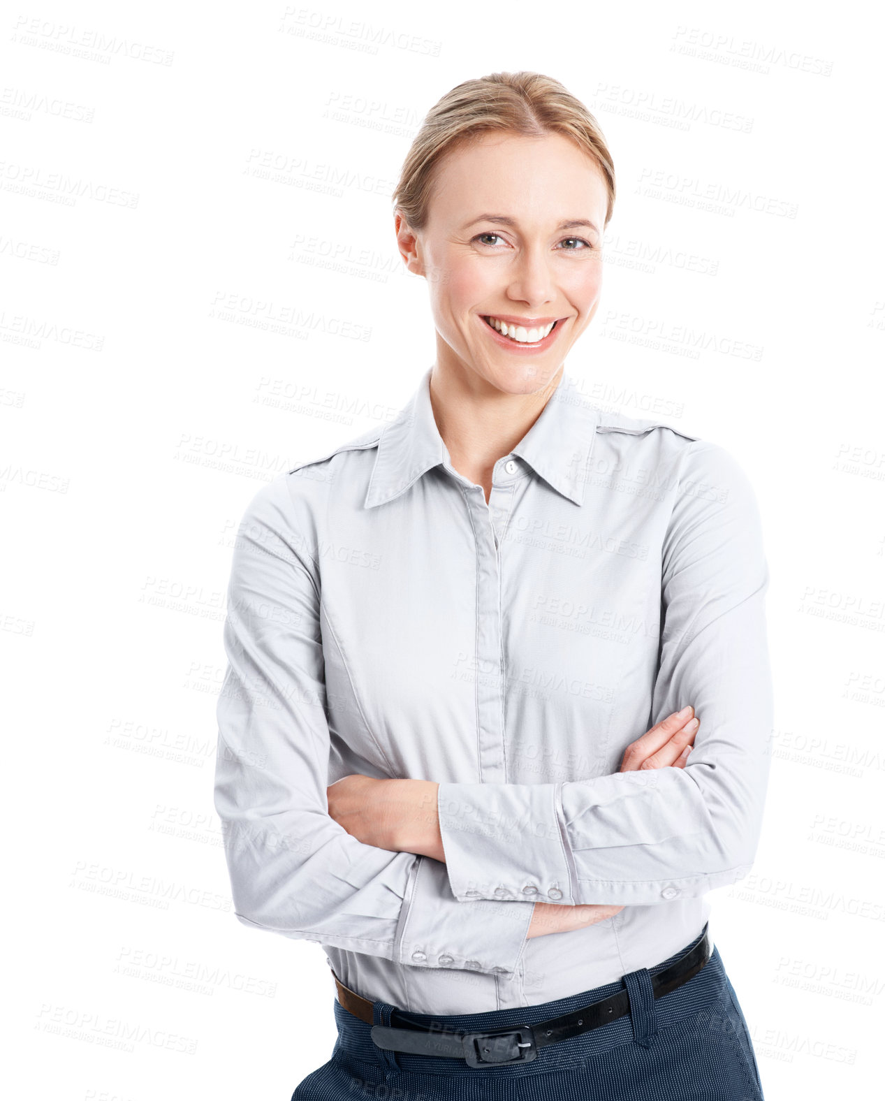 Buy stock photo Pride, arms crossed and portrait of business woman in studio for about us, real estate consultant and smile. Confidence, property advisor and realtor agent with person on white background for space