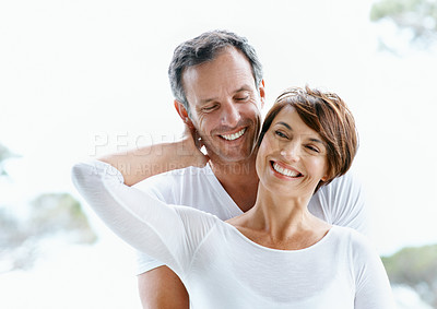 Buy stock photo Love, smile or couple outdoor with trip, healthy relationship or bonding on summer holiday. Trust, mature man or woman in nature with embrace, partner connection or happy moment on romantic getaway.
