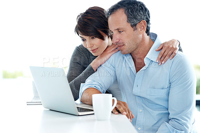 Buy stock photo Financial planning, online and couple with laptop in home, asset management and research on website. Reading, tax strategy and people with tech for budget review, info and risk assessment in house