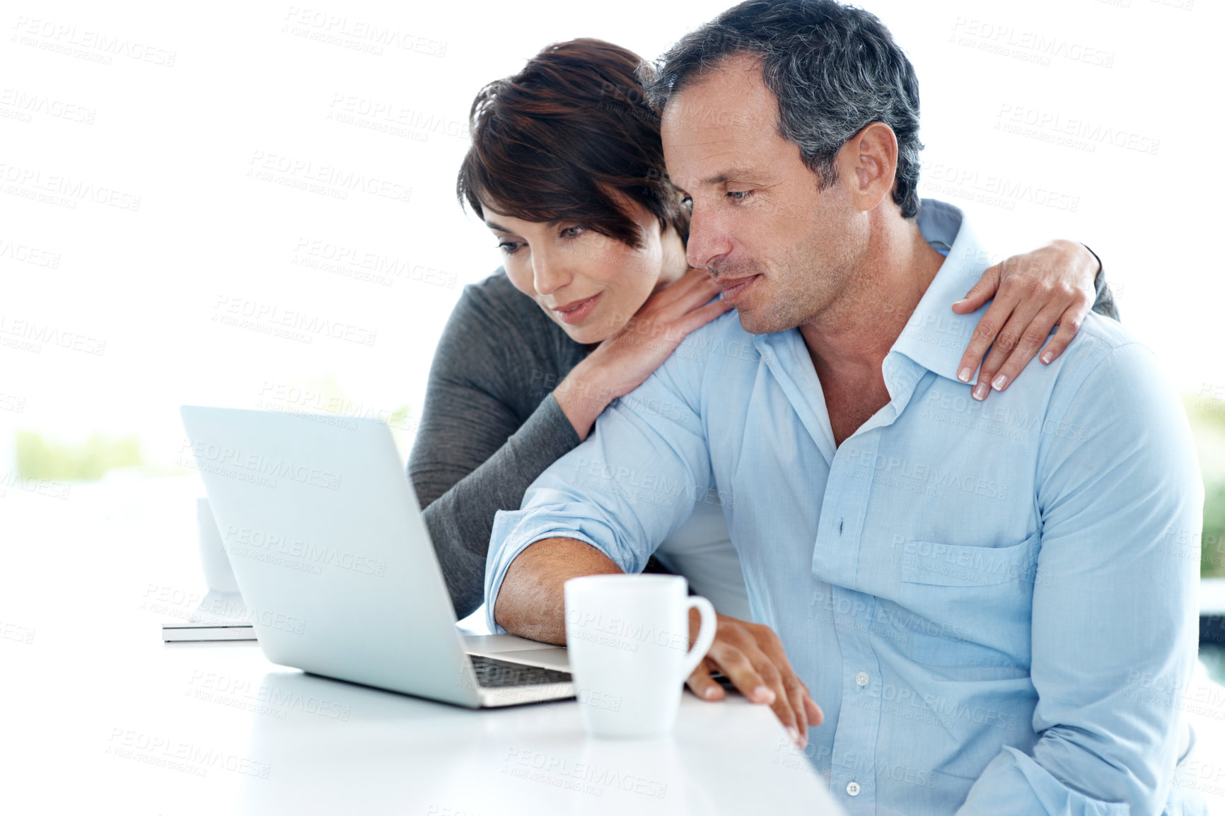 Buy stock photo Financial planning, online and couple with laptop in home, asset management and research on website. Reading, tax strategy and people with tech for budget review, info and risk assessment in house