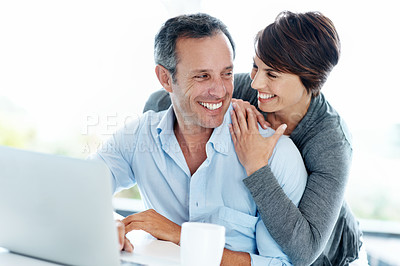 Buy stock photo Smile, search and laptop with couple in home for online booking, travel planning and bonding. Digital reservation, tourism research and flight schedule with man and woman in  apartment for love