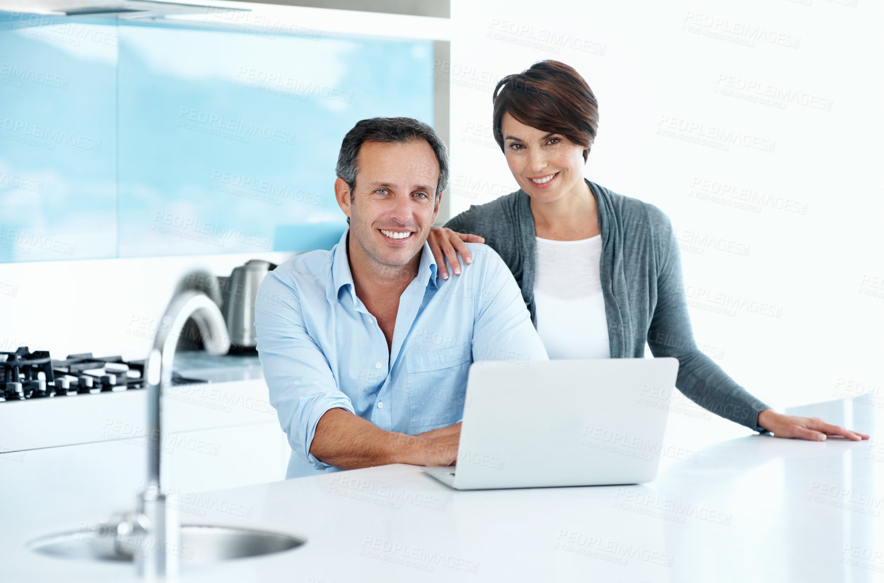 Buy stock photo Portrait, search and laptop with couple in kitchen for online booking, travel planning and bonding. Digital reservation, tourism research and flight schedule with man and woman in  home for love